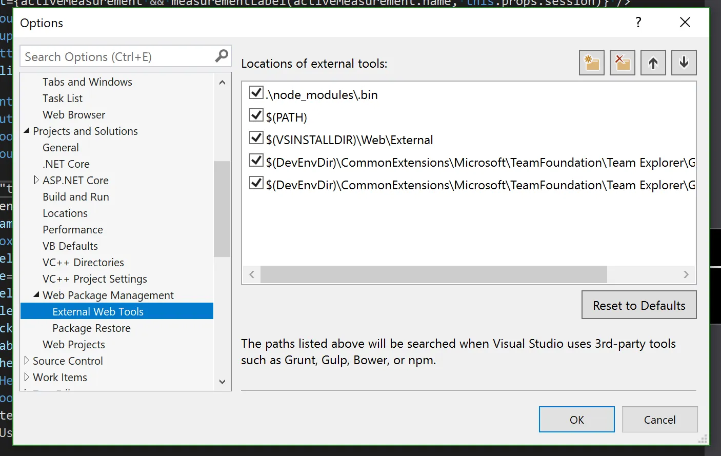 A screenshot of Visual Studio's Options modal